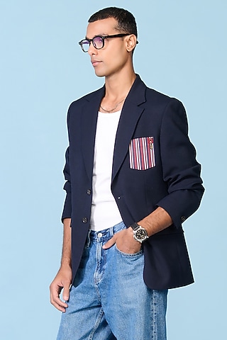 Navy Poly Blend Viscose Lycra Jacket by S&N by Shantnu Nikhil Men