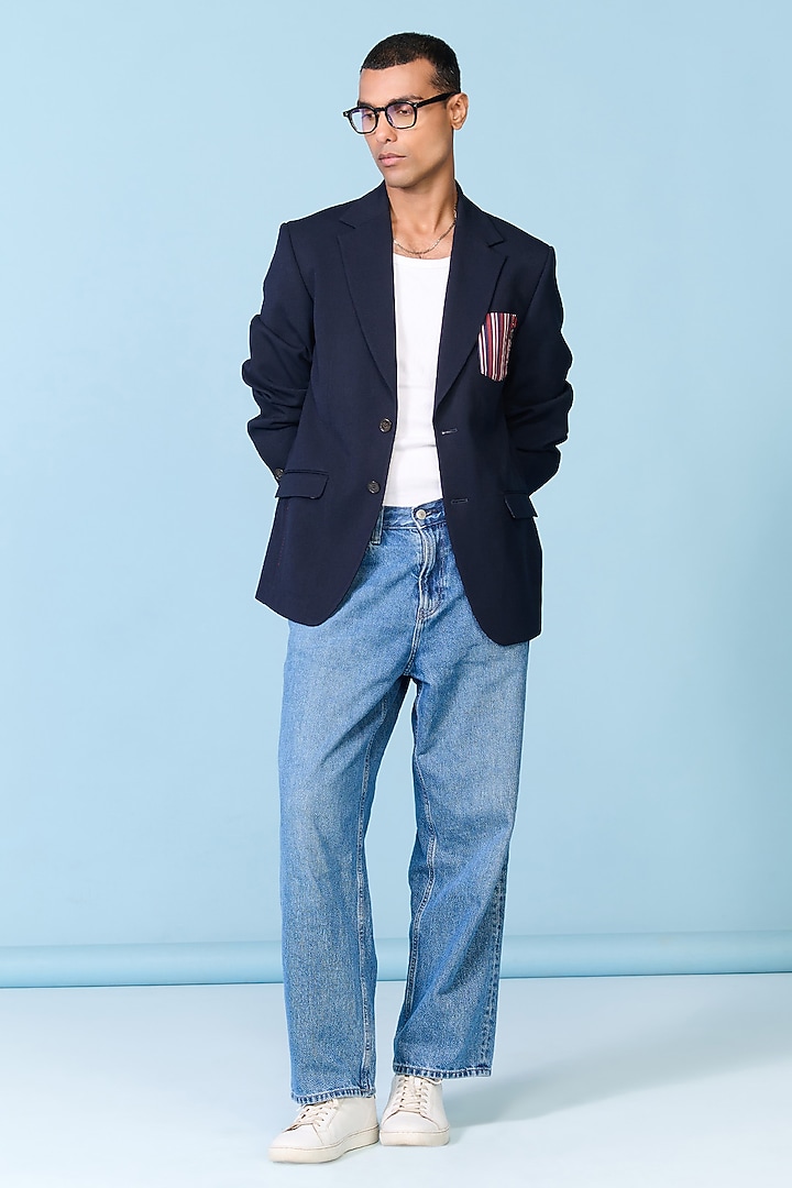 Navy Poly Blend Viscose Lycra Jacket by S&N by Shantnu Nikhil Men at Pernia's Pop Up Shop