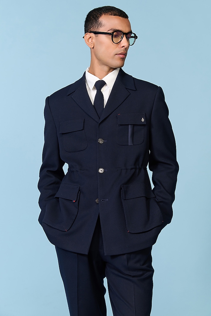 Navy Poly Blend Viscose Lycra Utility Jacket by S&N by Shantnu Nikhil Men at Pernia's Pop Up Shop