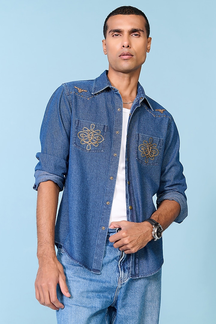 Blue Denim Embroidered Wedding Shirt by S&N by Shantnu Nikhil Men at Pernia's Pop Up Shop