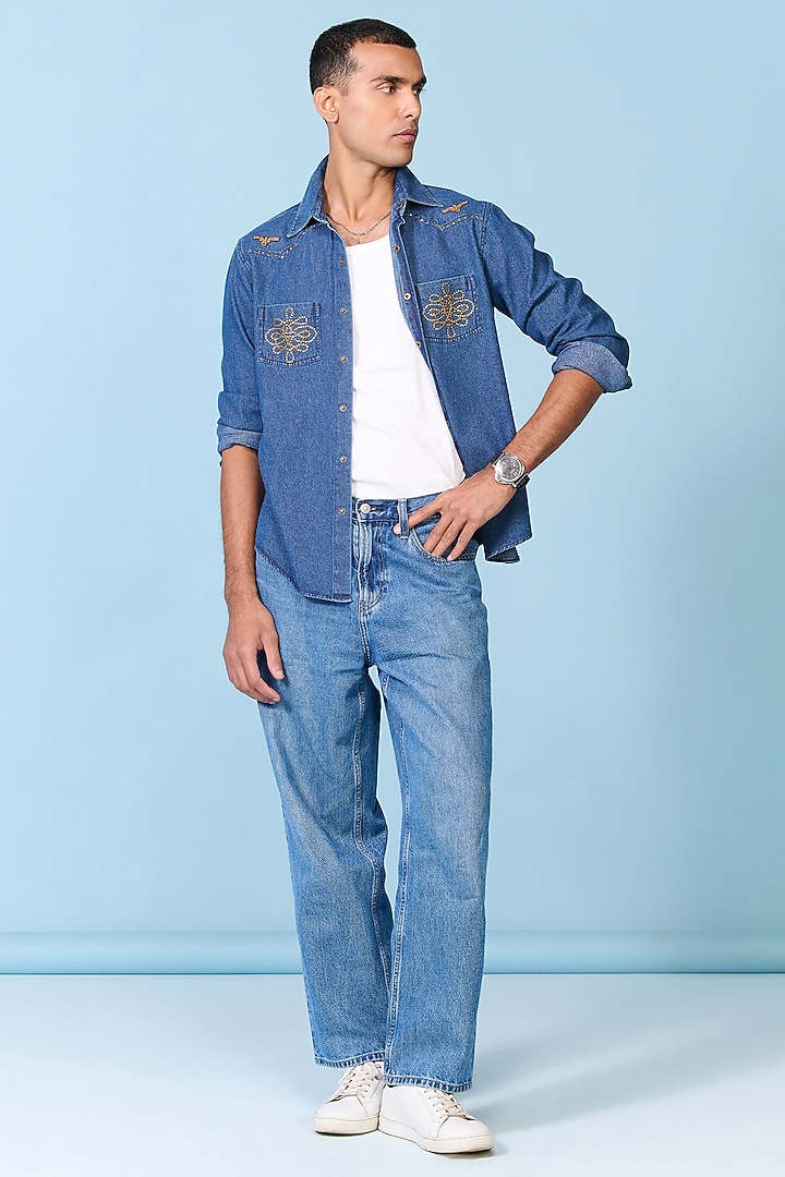 Blue Denim Embroidered Wedding Shirt by S&N by Shantnu Nikhil Men at Pernia's Pop Up Shop
