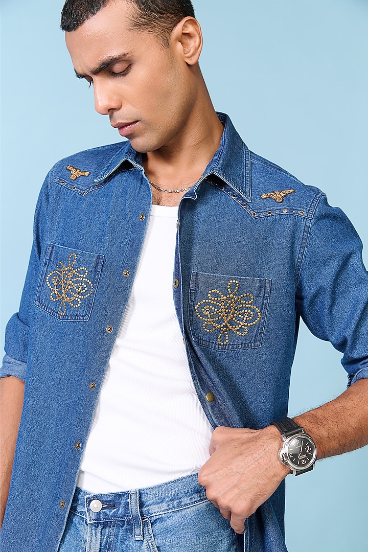 Blue Denim Embroidered Wedding Shirt by S&N by Shantnu Nikhil Men at Pernia's Pop Up Shop