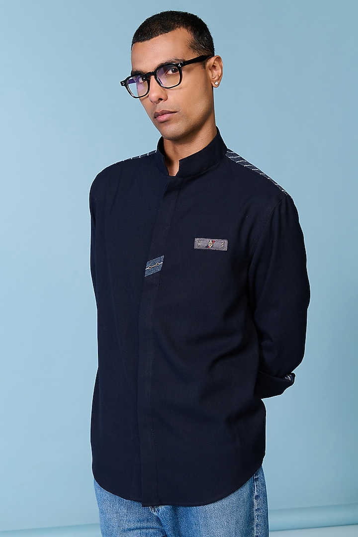 Navy Polyblend Viscose Lycra Denim Wedding Shirt by S&N by Shantnu Nikhil Men at Pernia's Pop Up Shop