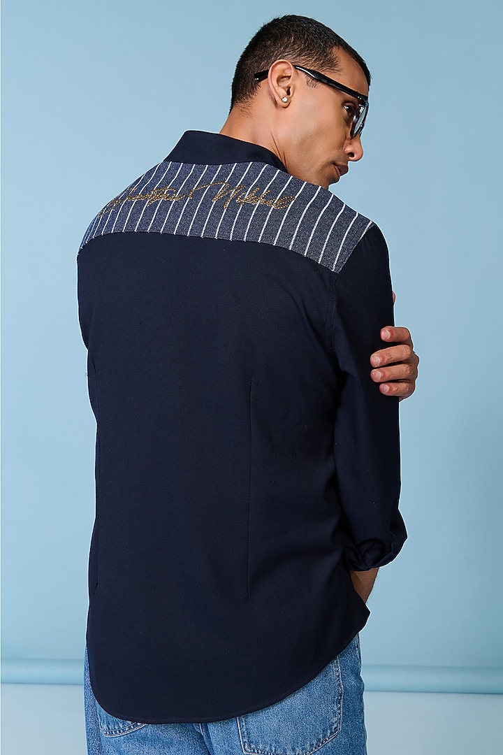 Navy Polyblend Viscose Lycra Denim Wedding Shirt by S&N by Shantnu Nikhil Men at Pernia's Pop Up Shop