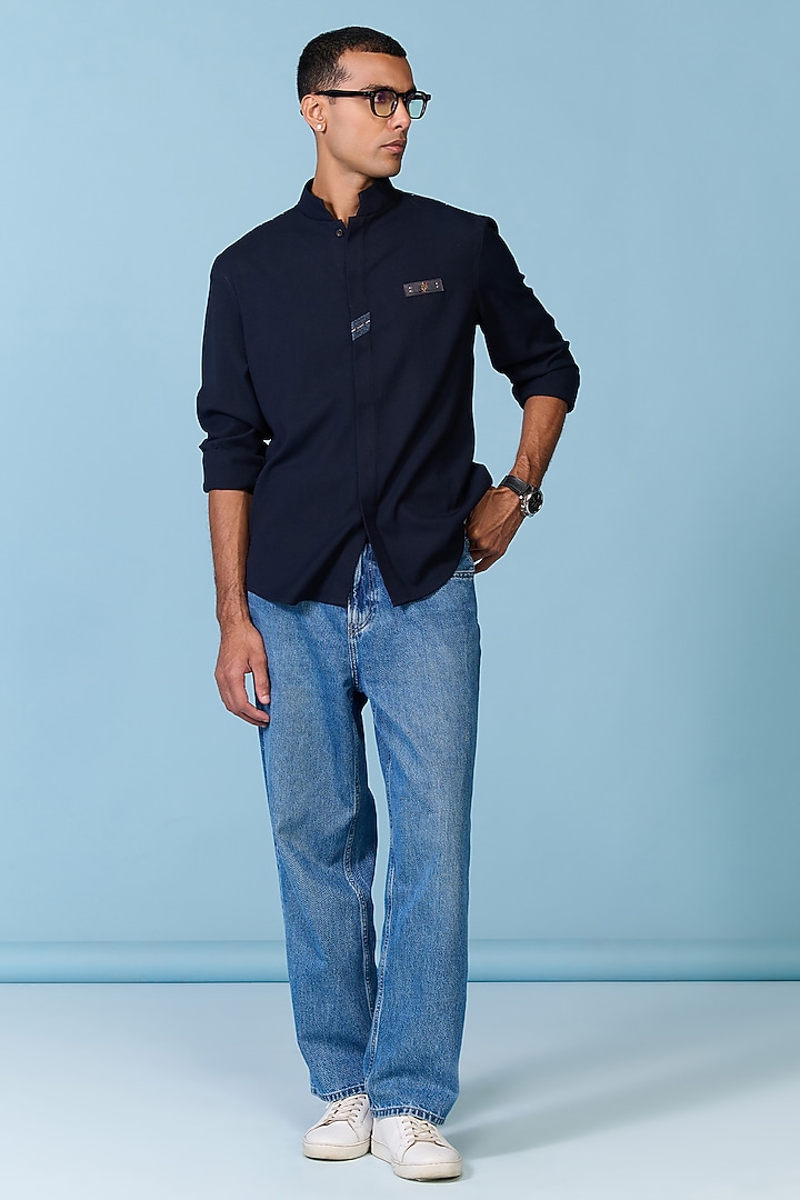 Navy Polyblend Viscose Lycra Denim Wedding Shirt by S&N by Shantnu Nikhil Men at Pernia's Pop Up Shop