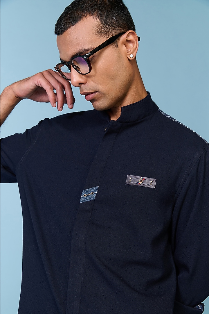 Navy Polyblend Viscose Lycra Denim Wedding Shirt by S&N by Shantnu Nikhil Men at Pernia's Pop Up Shop