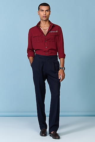Cherry-Colored Cotton Lycra Poly Blend Shirt by S&N by Shantnu Nikhil Men