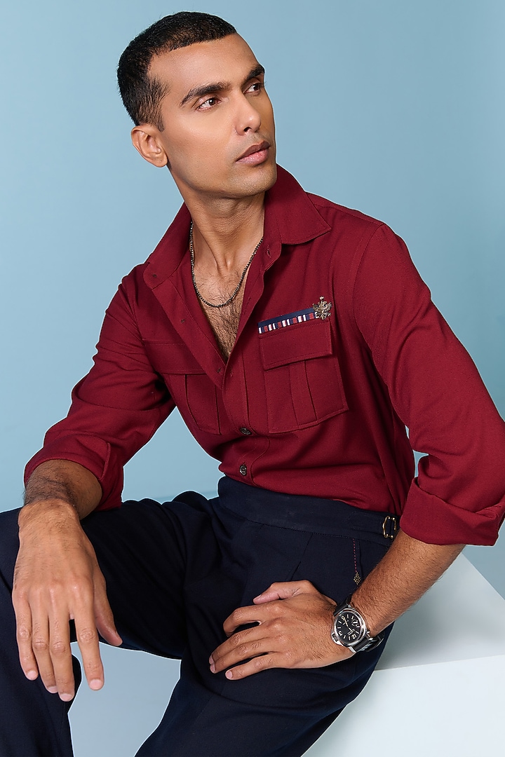 Cherry-Colored Cotton Lycra Poly Blend Wedding Shirt by S&N by Shantnu Nikhil Men at Pernia's Pop Up Shop