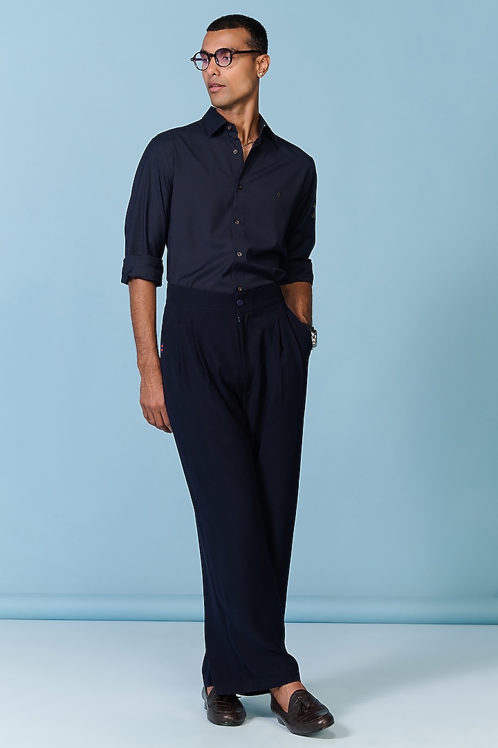 Navy Tencel Rayon Spandex Wedding Shirt by S&N by Shantnu Nikhil Men at Pernia's Pop Up Shop