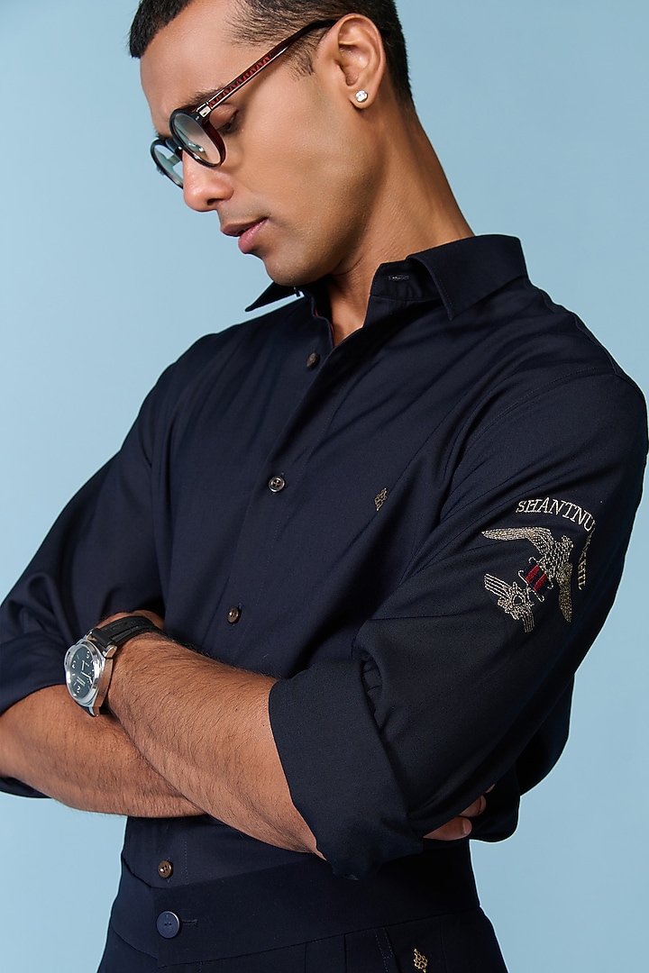 Navy Tencel Rayon Spandex Wedding Shirt by S&N by Shantnu Nikhil Men at Pernia's Pop Up Shop