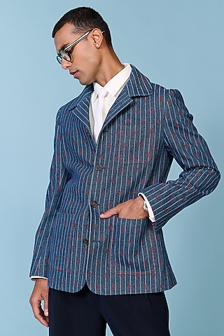 Blue Denim & Silk Twill Striped Jacket by S&N by Shantnu Nikhil Men