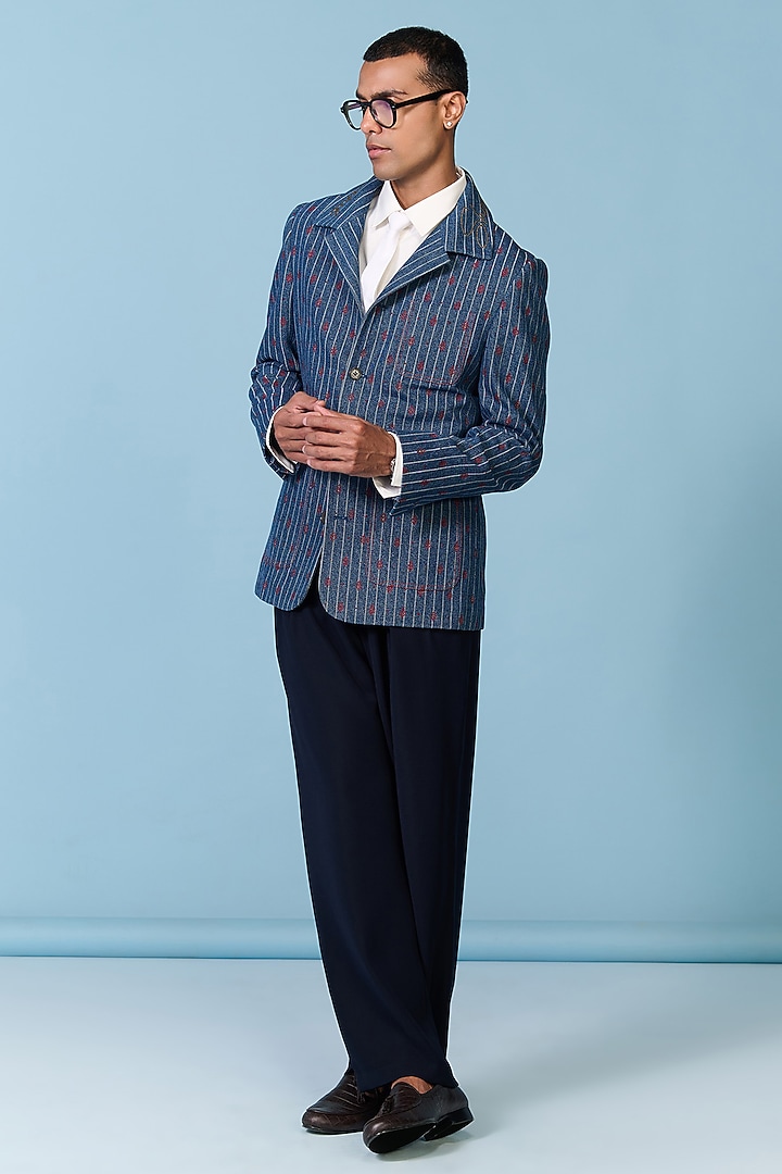 Blue Denim & Silk Twill Striped Jacket by S&N by Shantnu Nikhil Men at Pernia's Pop Up Shop
