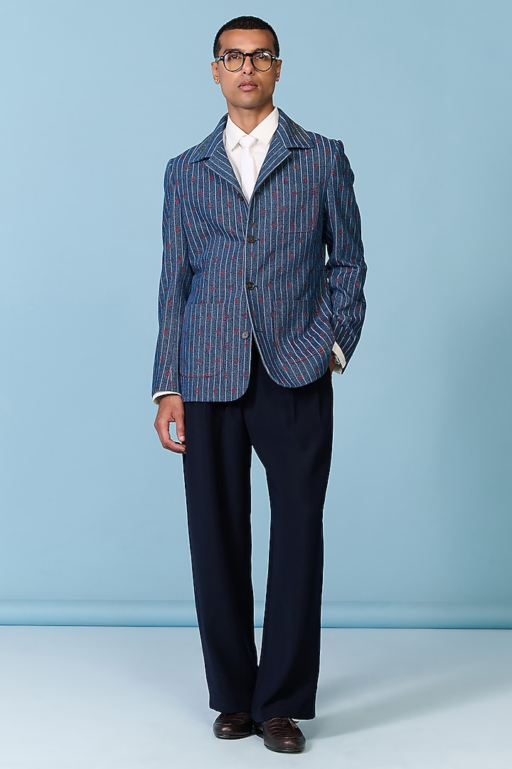 Blue Denim & Silk Twill Striped Jacket by S&N by Shantnu Nikhil Men at Pernia's Pop Up Shop