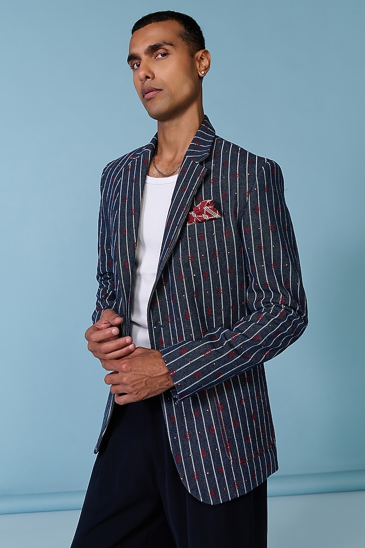 Blue Denim & Silk Twill Striped Jacket by S&N by Shantnu Nikhil Men at Pernia's Pop Up Shop
