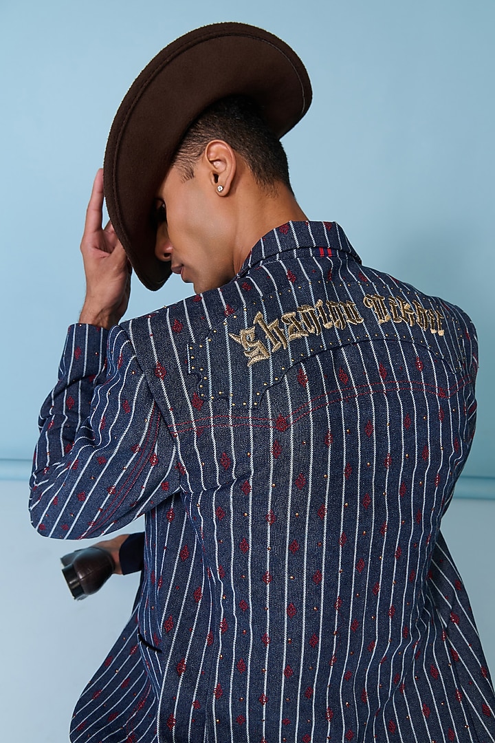 Blue Denim & Silk Twill Striped Jacket by S&N by Shantnu Nikhil Men at Pernia's Pop Up Shop
