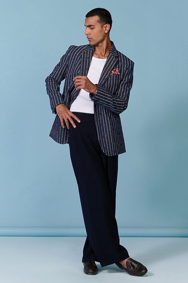 Blue Denim & Silk Twill Striped Jacket by S&N by Shantnu Nikhil Men at Pernia's Pop Up Shop
