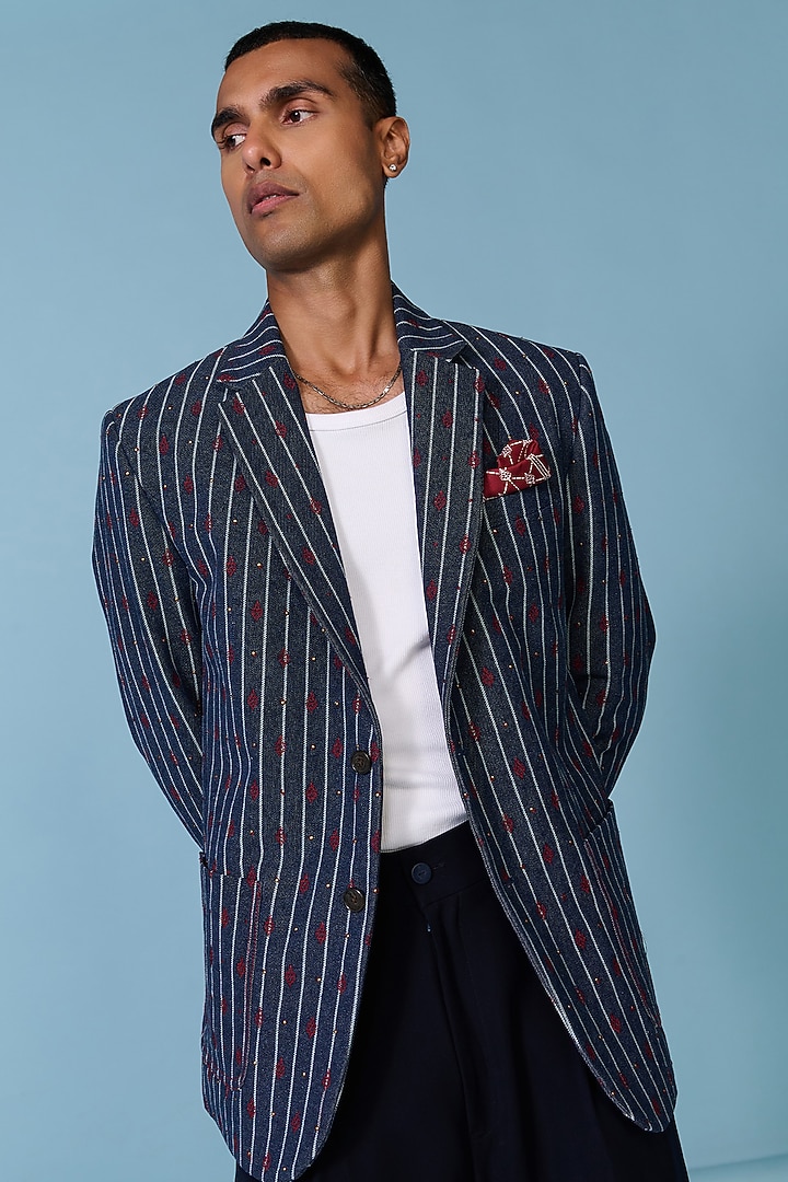 Blue Denim & Silk Twill Striped Jacket by S&N by Shantnu Nikhil Men at Pernia's Pop Up Shop