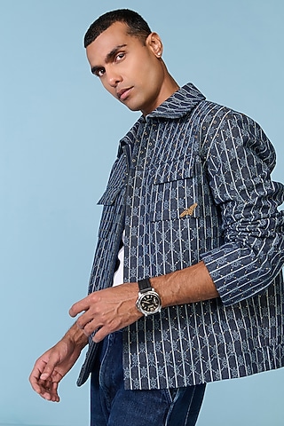Blue Denim & Silk Twill Striped Jacket by S&N by Shantnu Nikhil Men