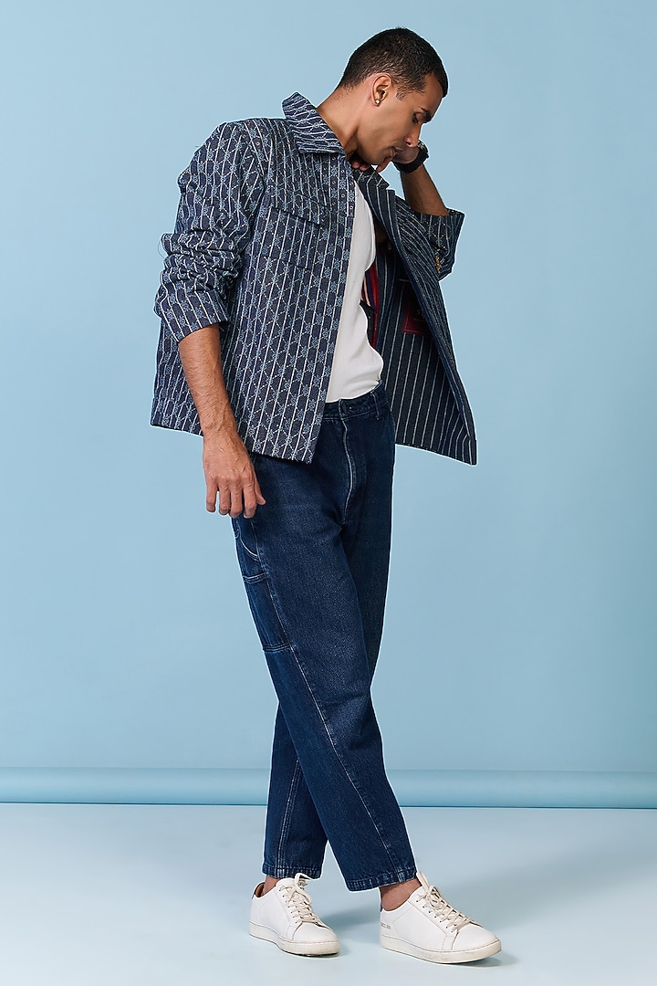 Blue Denim & Silk Twill Striped Jacket by S&N by Shantnu Nikhil Men at Pernia's Pop Up Shop