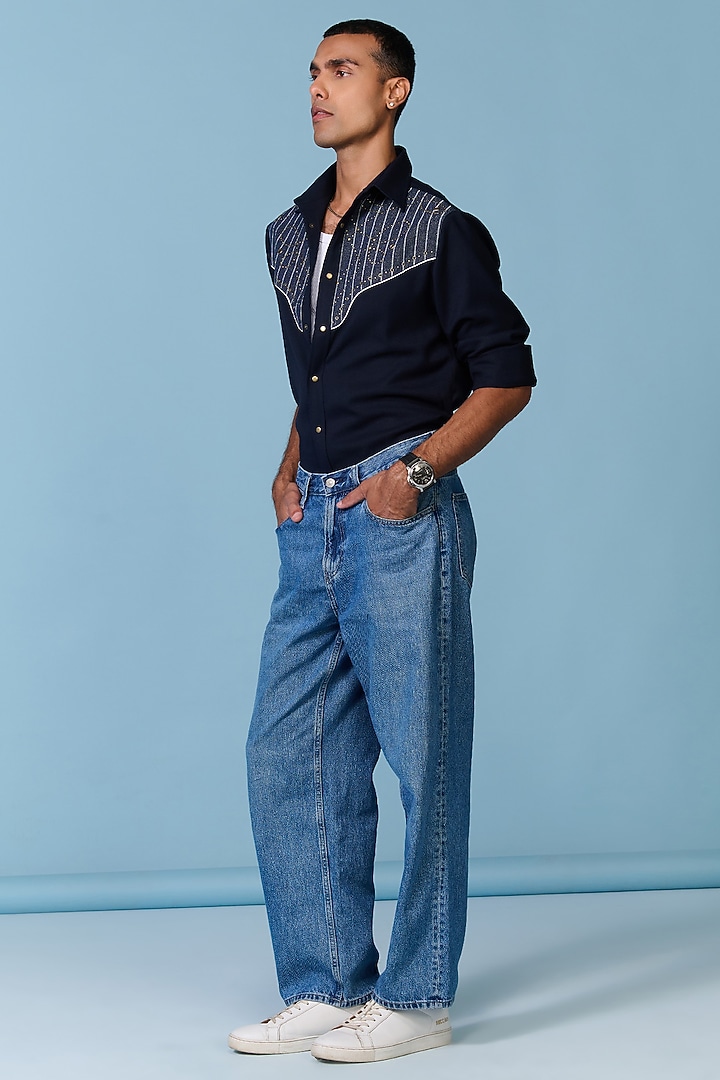 Navy Terylene Viscose Lycra Wedding Shirt by S&N by Shantnu Nikhil Men at Pernia's Pop Up Shop