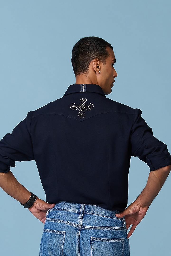 Navy Terylene Viscose Lycra Wedding Shirt by S&N by Shantnu Nikhil Men at Pernia's Pop Up Shop