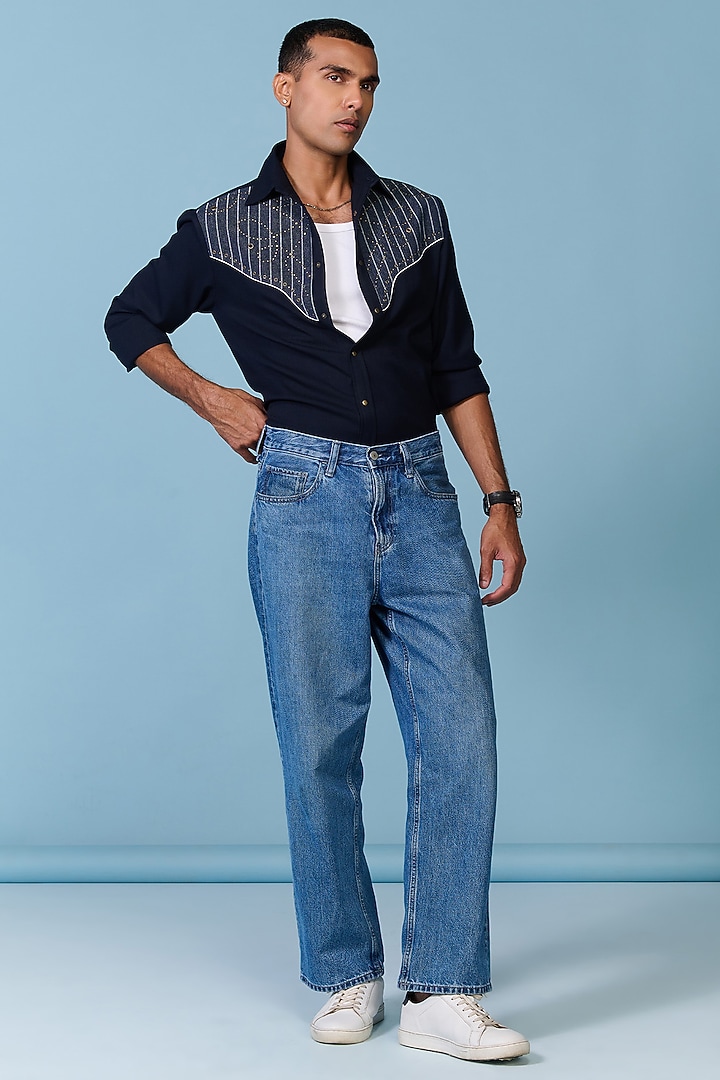 Navy Terylene Viscose Lycra Wedding Shirt by S&N by Shantnu Nikhil Men at Pernia's Pop Up Shop
