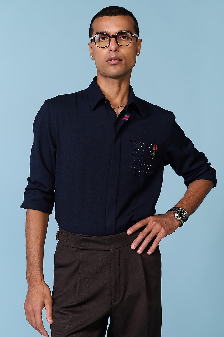 Navy Terylene Viscose Lycra Wedding Shirt by S&N by Shantnu Nikhil Men at Pernia's Pop Up Shop