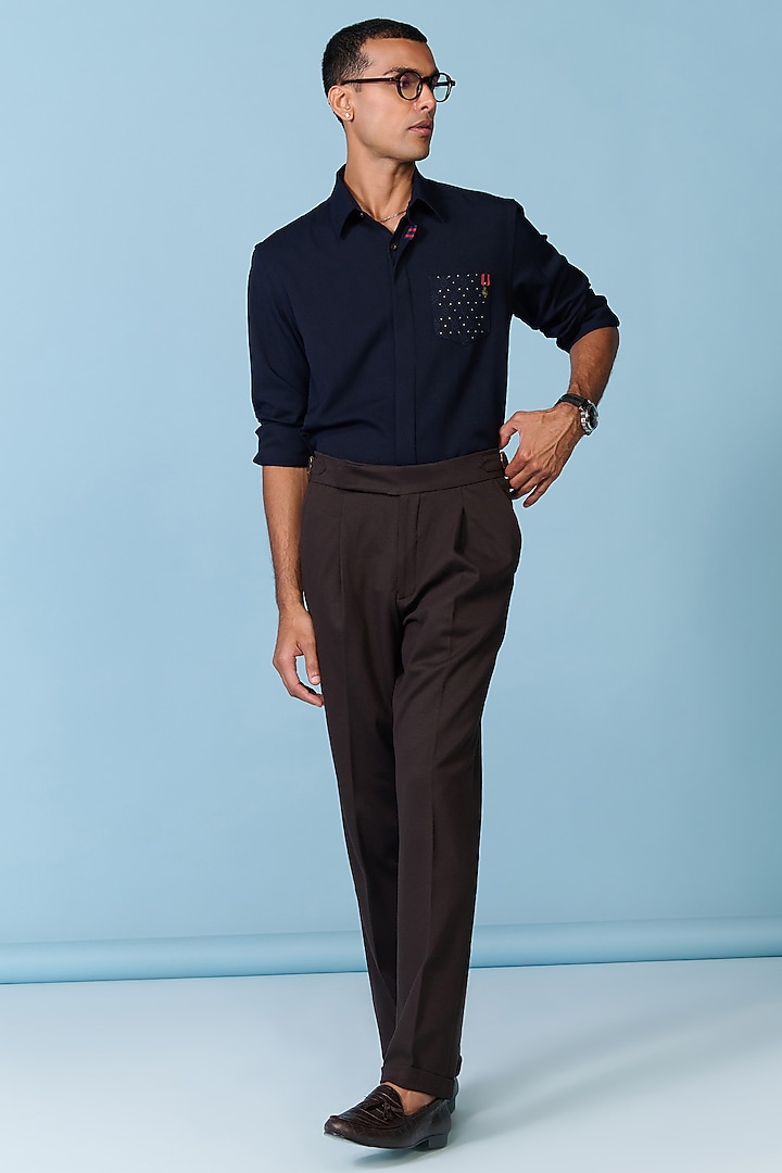 Navy Terylene Viscose Lycra Wedding Shirt by S&N by Shantnu Nikhil Men at Pernia's Pop Up Shop