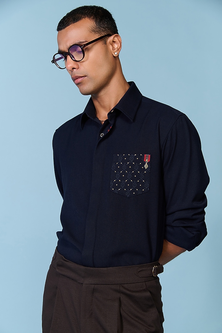 Navy Terylene Viscose Lycra Wedding Shirt by S&N by Shantnu Nikhil Men at Pernia's Pop Up Shop