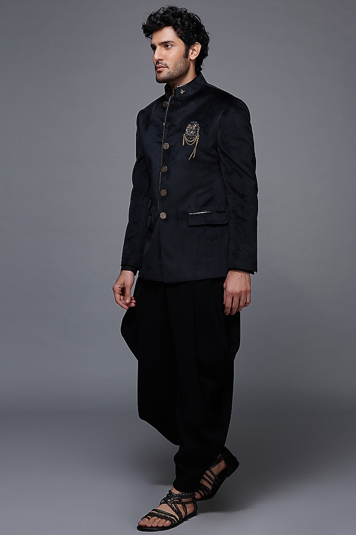 Black Velvet Wedding Bandhgala Jacket by S&N by Shantnu Nikhil Men at Pernia's Pop Up Shop