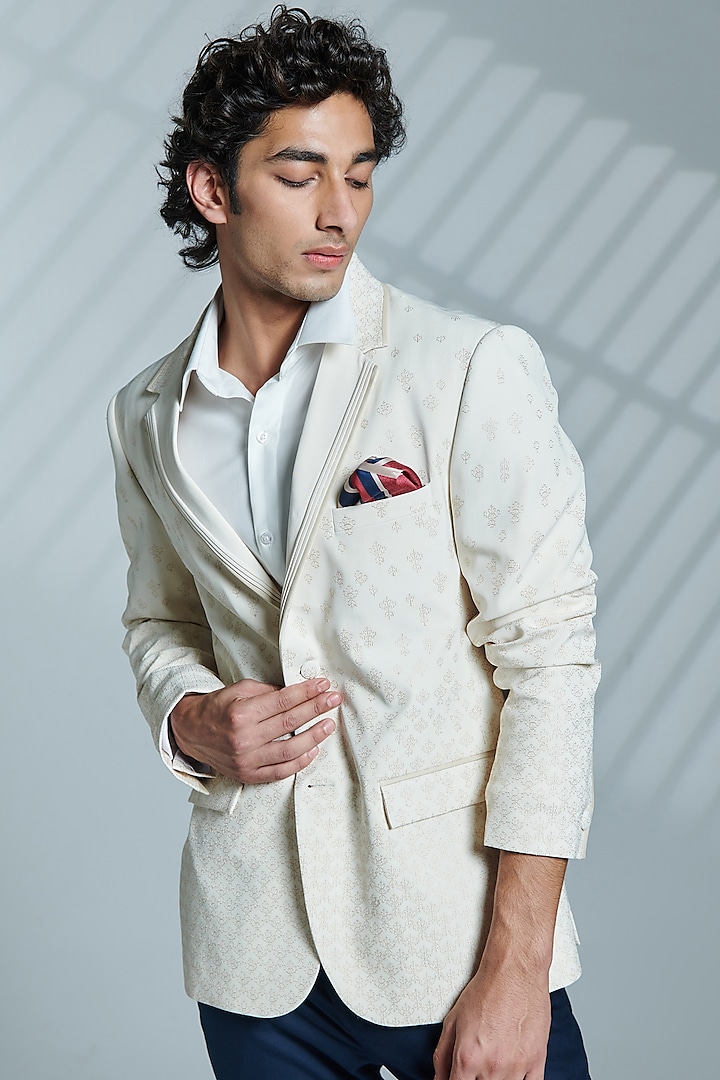 Off-White Terylene & Viscose Embroidered Jacket by S&N by Shantnu Nikhil Men