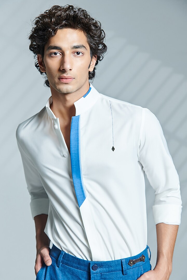 Off-White Terylene & Faux Leather Party Wear Shirt by S&N by Shantnu Nikhil Men at Pernia's Pop Up Shop
