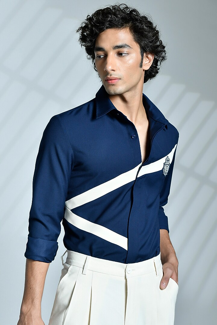 Navy Terylene & Viscose Party Wear Shirt by S&N by Shantnu Nikhil Men at Pernia's Pop Up Shop