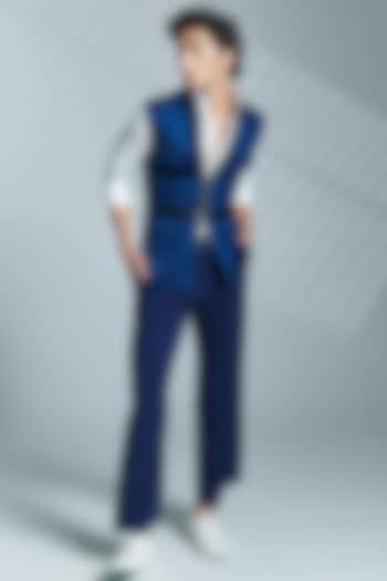 Navy Terylene & Faux Leather Bundi Jacket by S&N by Shantnu Nikhil Men at Pernia's Pop Up Shop