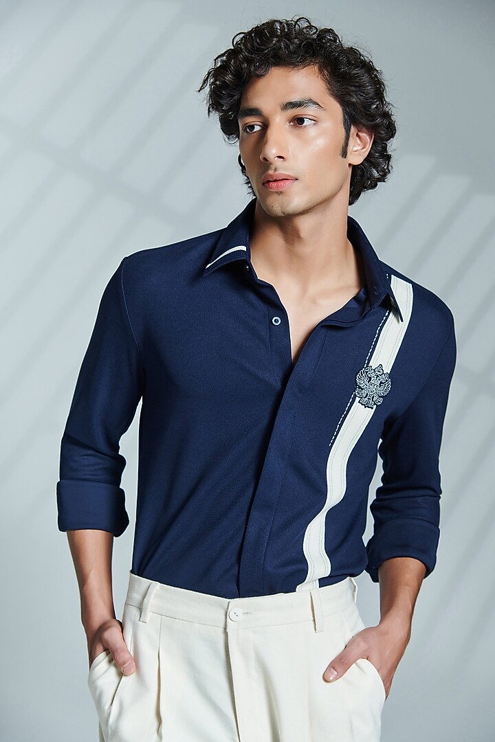 Navy Terylene Party Wear Shirt by S&N by Shantnu Nikhil Men at Pernia's Pop Up Shop