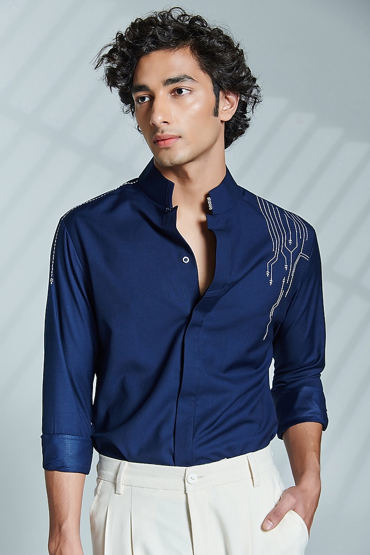 Navy Terylene & Viscose Party Wear Shirt by S&N by Shantnu Nikhil Men at Pernia's Pop Up Shop