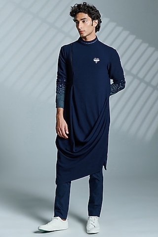 Navy Nylon & Viscose Printed Draped Kurta by S&N by Shantnu Nikhil Men