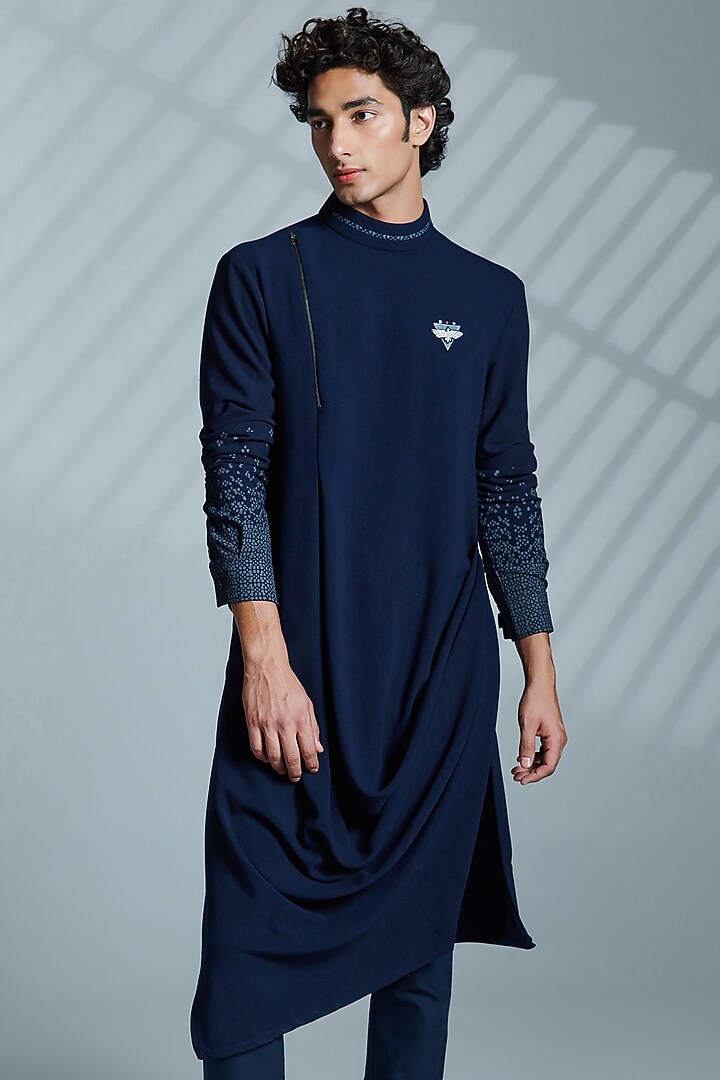 Navy Nylon & Viscose Printed Draped Kurta by S&N by Shantnu Nikhil Men at Pernia's Pop Up Shop