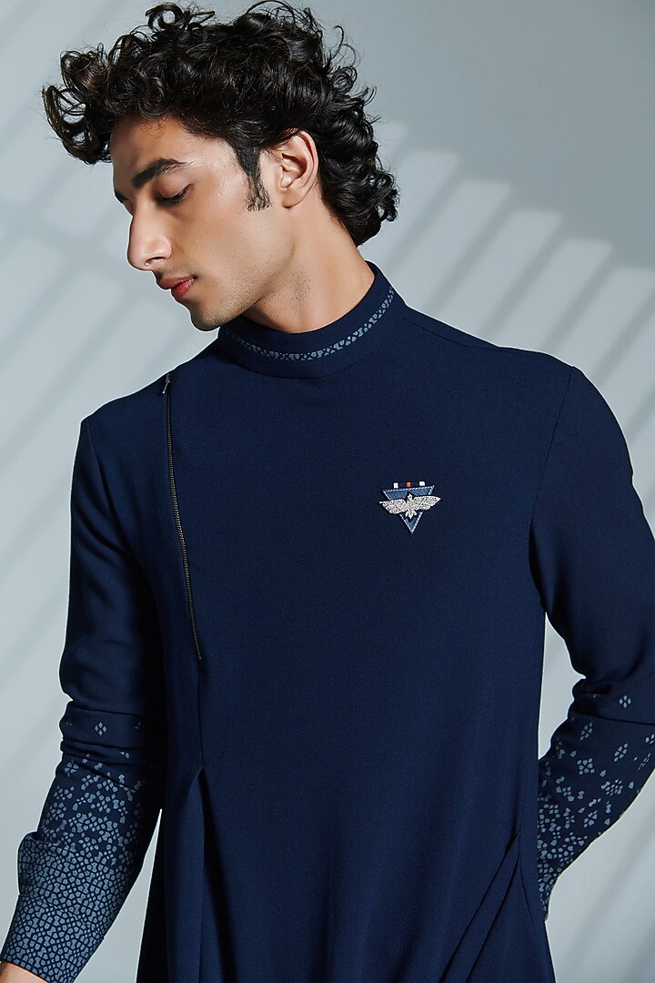 Navy Nylon & Viscose Printed Draped Kurta by S&N by Shantnu Nikhil Men at Pernia's Pop Up Shop