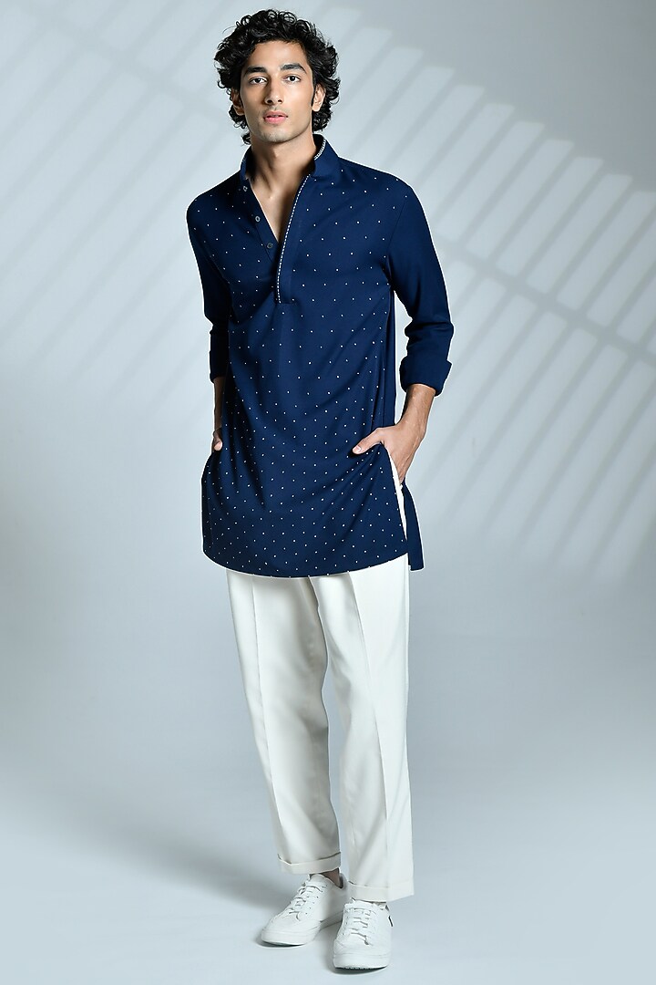 Navy Cotton & Terylene Embroidered Kurta by S&N by Shantnu Nikhil Men at Pernia's Pop Up Shop