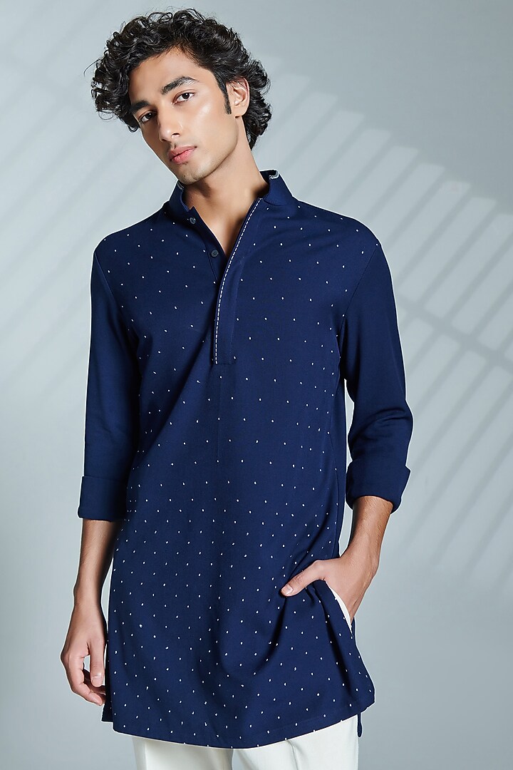 Navy Cotton & Terylene Embroidered Kurta by S&N by Shantnu Nikhil Men at Pernia's Pop Up Shop