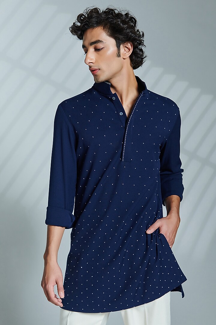 Navy Cotton & Terylene Embroidered Kurta by S&N by Shantnu Nikhil Men at Pernia's Pop Up Shop