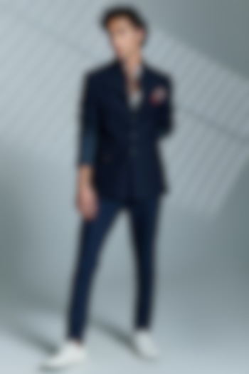 Navy Poly Blend & Viscose Printed Wedding Bandhgala Jacket by S&N by Shantnu Nikhil Men at Pernia's Pop Up Shop