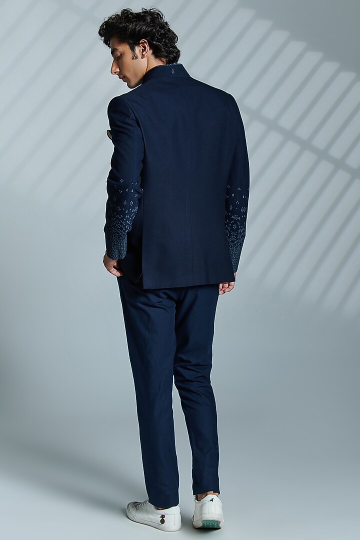 Navy Poly Blend & Viscose Printed Wedding Bandhgala Jacket by S&N by Shantnu Nikhil Men at Pernia's Pop Up Shop