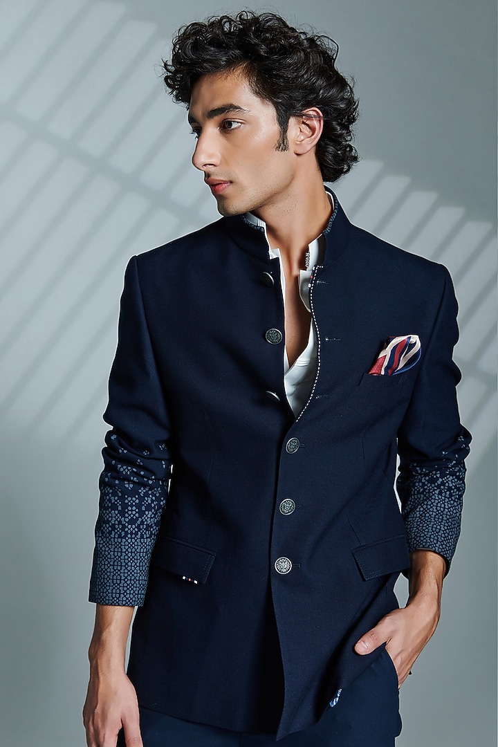 Navy Poly Blend & Viscose Printed Wedding Bandhgala Jacket by S&N by Shantnu Nikhil Men at Pernia's Pop Up Shop