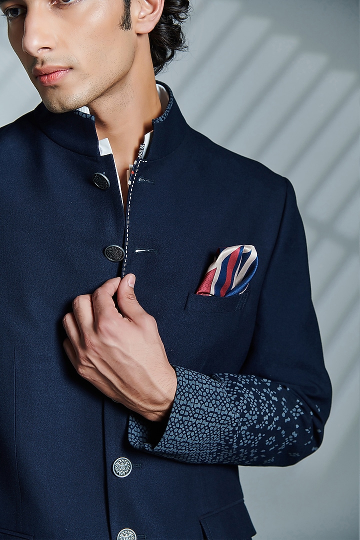 Navy Poly Blend & Viscose Printed Wedding Bandhgala Jacket by S&N by Shantnu Nikhil Men at Pernia's Pop Up Shop