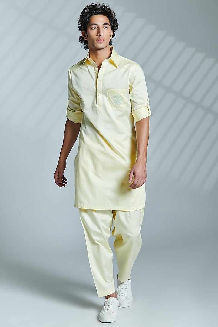 Yellow Cotton Pleated Trousers by S&N by Shantnu Nikhil Men