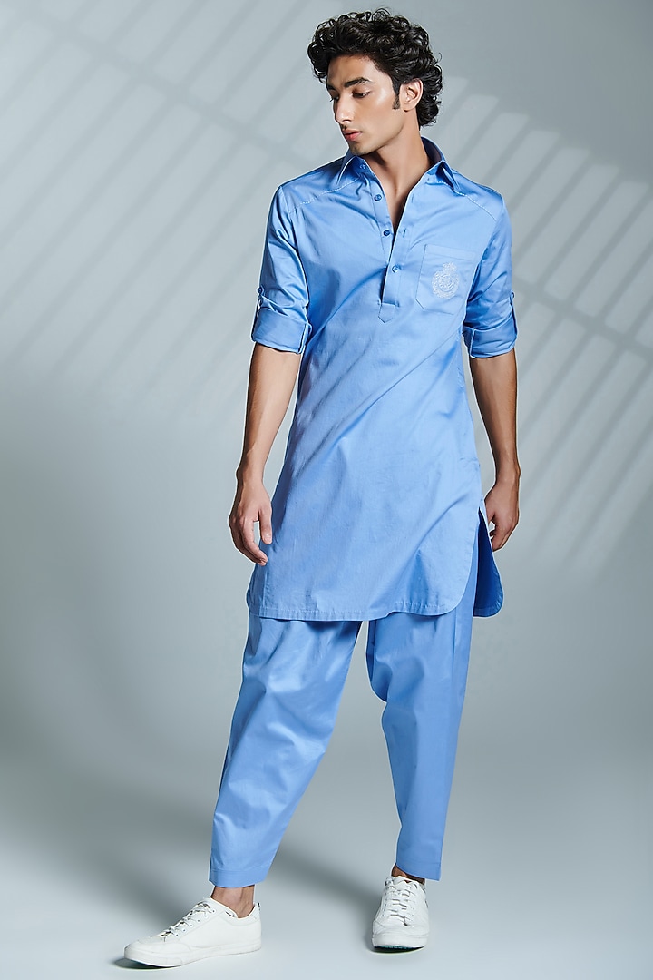 Light Blue Cotton Pleated Trousers by S&N by Shantnu Nikhil Men at Pernia's Pop Up Shop