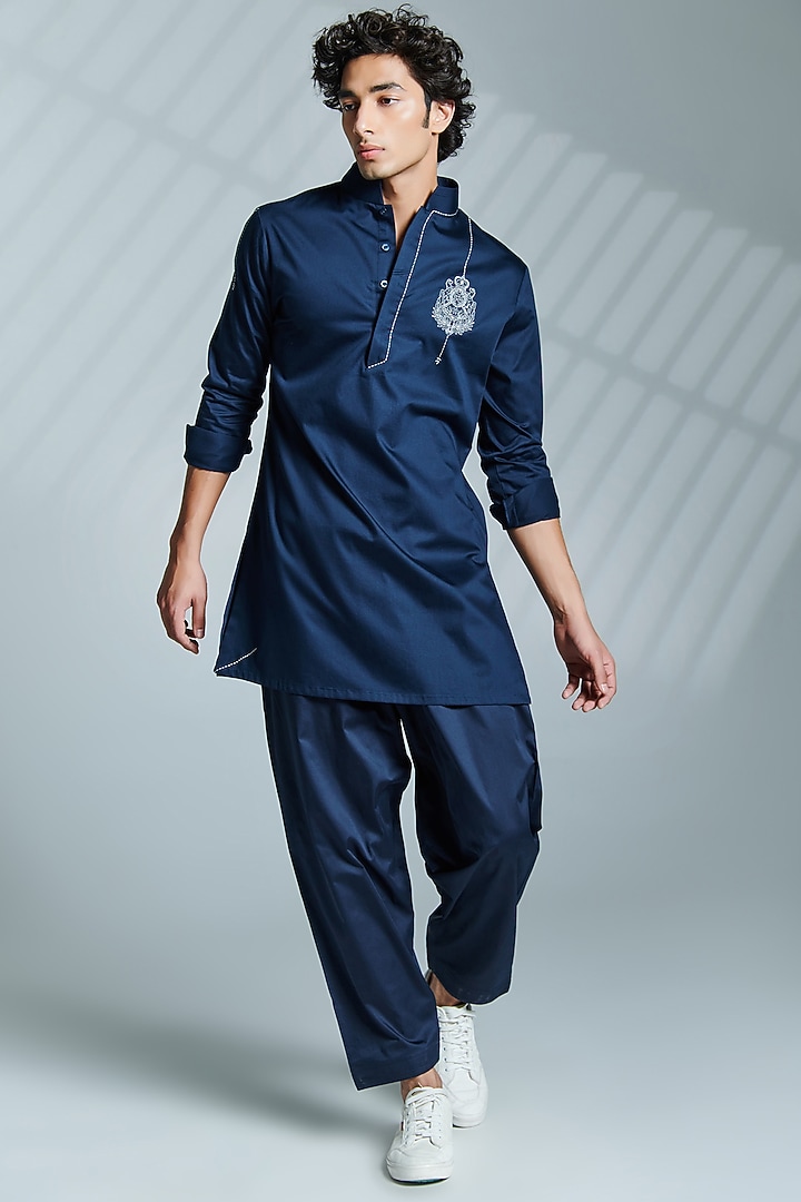 Navy Cotton Pleated Trousers by S&N by Shantnu Nikhil Men at Pernia's Pop Up Shop