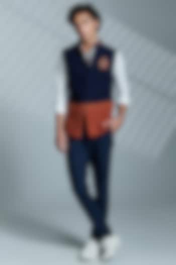 Navy & Brown Terylene Embellished Bundi Jacket by S&N by Shantnu Nikhil Men at Pernia's Pop Up Shop